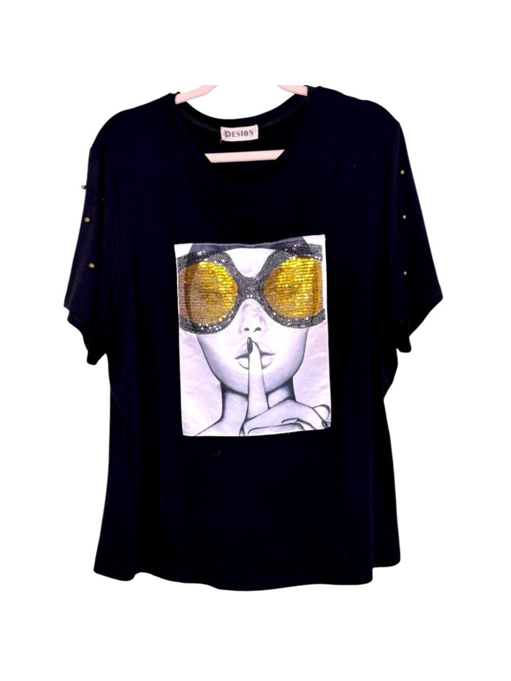 Graphic Shhh Black Tshirt Sequin T-shirt Size 5XL